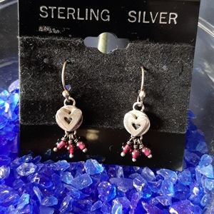 925 Sterling Silver Heart Earrings with Pink Beads